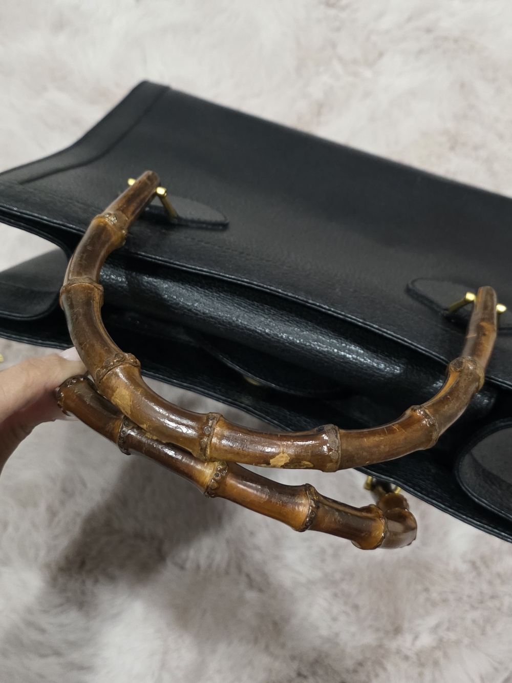 Gucci Vintage Black Leather Tote with Bamboo Handles - Picture 8 of 16